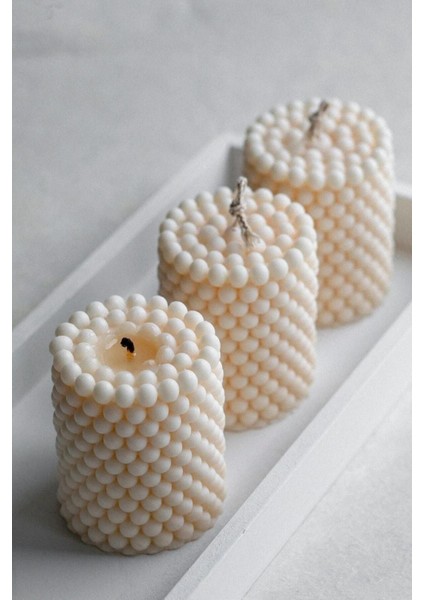 3'lü Pudra Kokulu Silindir Mum Seti, Soya Wax, Vegan, Bej Şık Tasarım