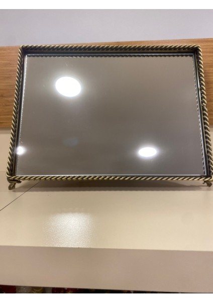 Tepsi Dekoratif Jardinyer Döküm Pirinç Aynalı Antik Eskitme 44X33 Dikdörtgen