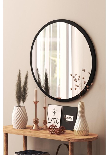 60 cm yuvarlak siyah ayna, ahşap çerçeveli, şık ve modern tasarım