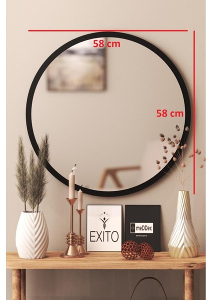60 cm yuvarlak siyah ayna, ahşap çerçeveli, şık ve modern tasarım
