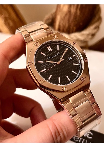 Rosegold Çelik Spor Şık Takvimli Erkek Kol Saat+Bileklik Hediye