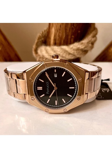 Rosegold Çelik Spor Şık Takvimli Erkek Kol Saat+Bileklik Hediye