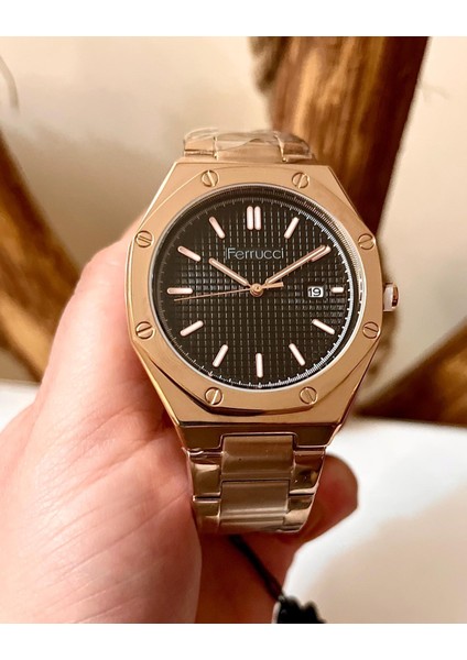 Rosegold Çelik Spor Şık Takvimli Erkek Kol Saat+Bileklik Hediye