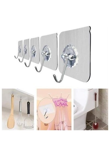 Buffer® Süper Güçlü Yapışkanlı Suya Dayanıklı Şeffaf Askı 5li Set Yeniden Kullanılabilir Kancalar