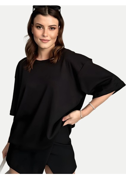 Basic Oversize Unisex Düz Siyah Tişört Interlok Kumaş Kadın