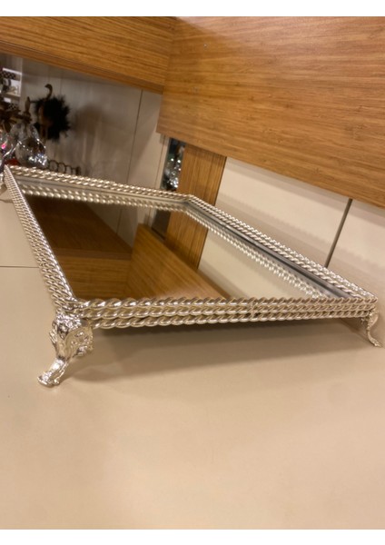 Tepsi Dekoratif Jardinyer Döküm Pirinç Dikdörtgen Gümüş 44 x 33