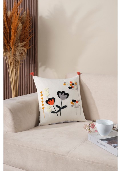 Ekru Nakışlı Çiçekli Kırlent Kılıfı 44x44 cm, Pamuklu, Şık ve Rahat Dekorasyon Parçası fiyatları
