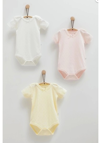 Kız Bebek Ekru Rengi 3'lü Kısa Kollu Body Seti – Organik Pamuk Rahat Bebek Body