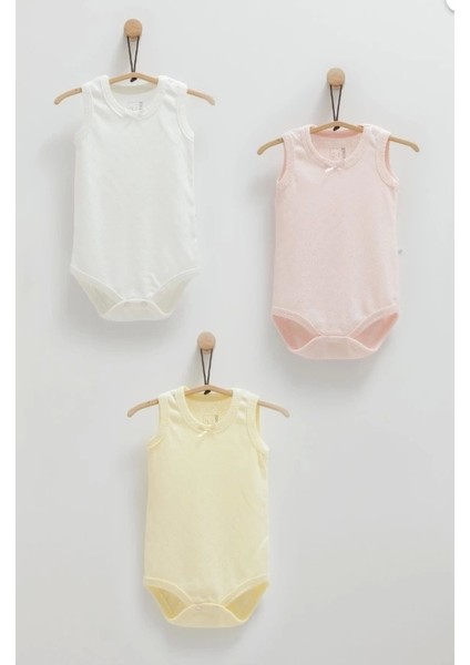 Kız Bebek Ekru Rengi 3'lü Askılı Body Seti – Pamuk Rahat Bebek Body Seti