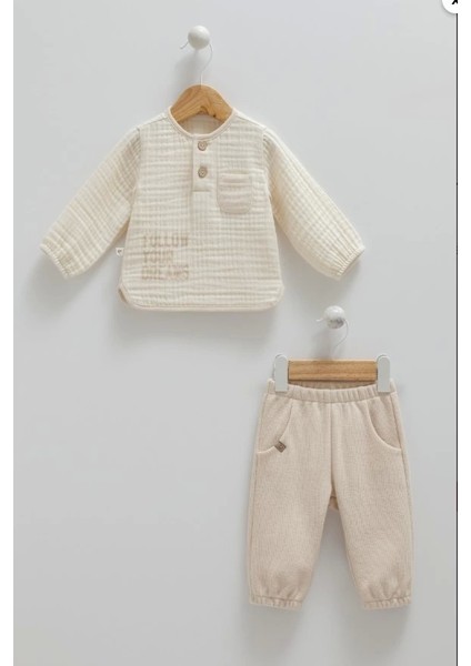 Erkek Bebek Bej Rengi 2'li Takım – Günlük Kullanım Için Rahat Bebek Seti