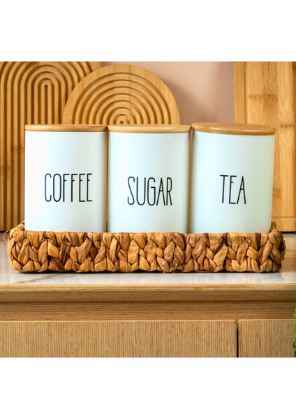 Beyaz Cam Kahve, Şeker ve Çay Saklama Kavanoz Seti Bambu Kapaklı, Hava Geçirmez Baharatlık (3'lü Set) 800 ml x 3