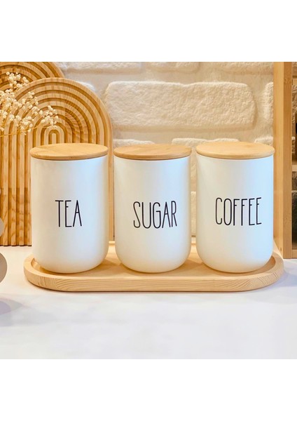 Beyaz Cam Kahve, Şeker ve Çay Saklama Kavanoz Seti Bambu Kapaklı, Hava Geçirmez Baharatlık (3'lü Set) 800 ml x 3
