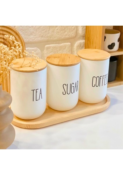 Beyaz Cam Kahve, Şeker ve Çay Saklama Kavanoz Seti Bambu Kapaklı, Hava Geçirmez Baharatlık (3'lü Set) 800 ml x 3