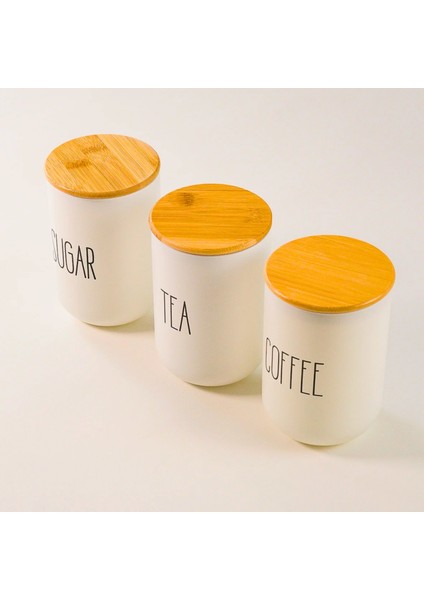 Beyaz Cam Kahve, Şeker ve Çay Saklama Kavanoz Seti Bambu Kapaklı, Hava Geçirmez Baharatlık (3'lü Set) 800 ml x 3