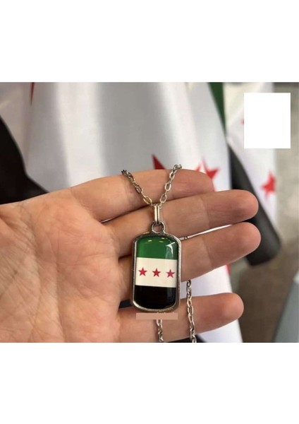 3 Yıldız Özgür Suriye Bayrağı Kolye Kadın Erkek Yeşil Beyaz Yuvarlak Siyah Syria Bayrağı
