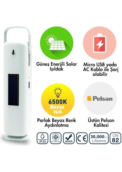 30 Ledli Solar Işıldak, 6500 Kelvin Beyaz Işık, Şarj Edilebilir 2000MAH Batarya, Taşınabilir ve Asılabilir Kampçı Lambası - 206489