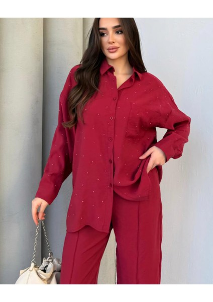 Yeni Sezon Taş Detaylı Parıltılı Beli Lastikli Pantolon Gömlek Alt Üst Oversize Takım