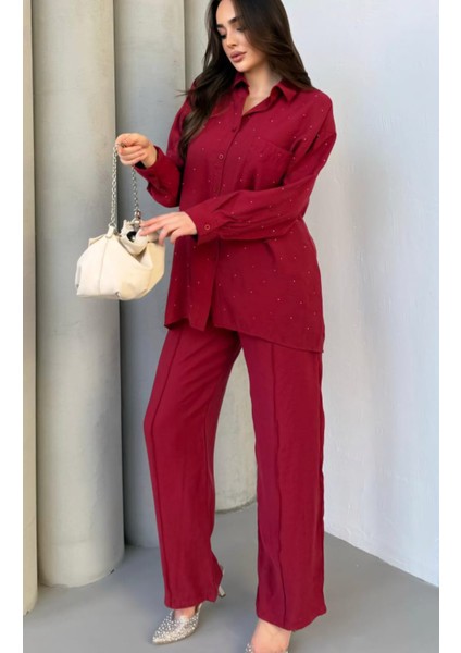 Yeni Sezon Taş Detaylı Parıltılı Beli Lastikli Pantolon Gömlek Alt Üst Oversize Takım