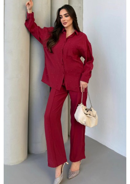 Yeni Sezon Taş Detaylı Parıltılı Beli Lastikli Pantolon Gömlek Alt Üst Oversize Takım