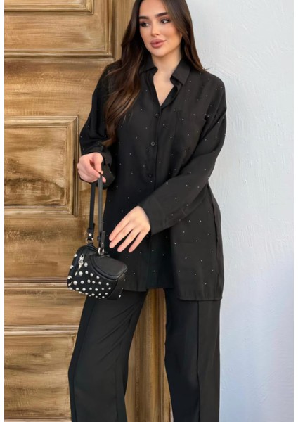 Yeni Sezon Taş Detaylı Parıltılı Beli Lastikli Pantolon Gömlek Alt Üst Oversize Takım fiyatları
