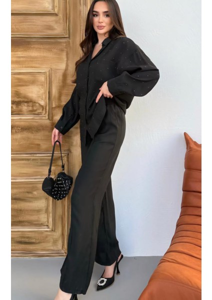 Yeni Sezon Taş Detaylı Parıltılı Beli Lastikli Pantolon Gömlek Alt Üst Oversize Takım fırsatları