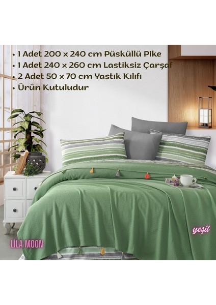 Valeria Tassel Yeşil Renkli Çift Kişilik Püsküllü Pike Takımı fiyatları