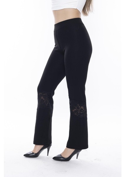 Siyah Dizi Dantelli Ispanyol Paça Tayt