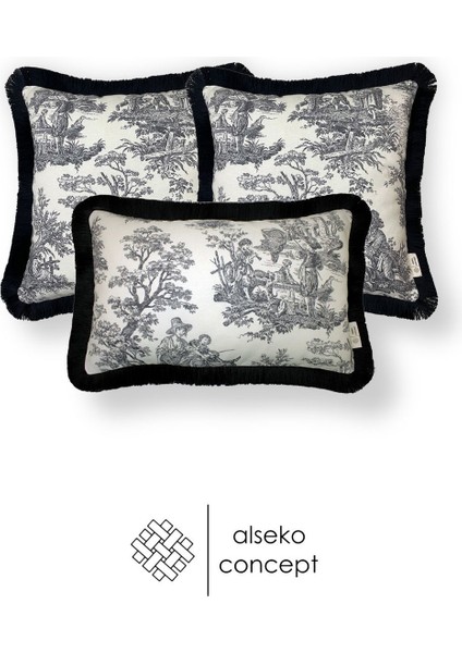 Püsküllü dekoratif kırlent kılıfı seti, siyah-krem, 43x43cm ve 30x50cm, polyester