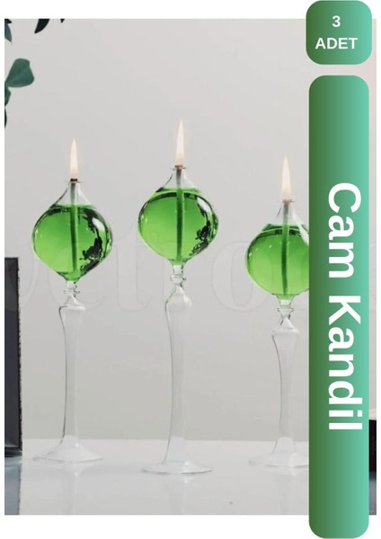Ayaklı Damla Cam Kandil 3' Lü Set + Kandil Yağı