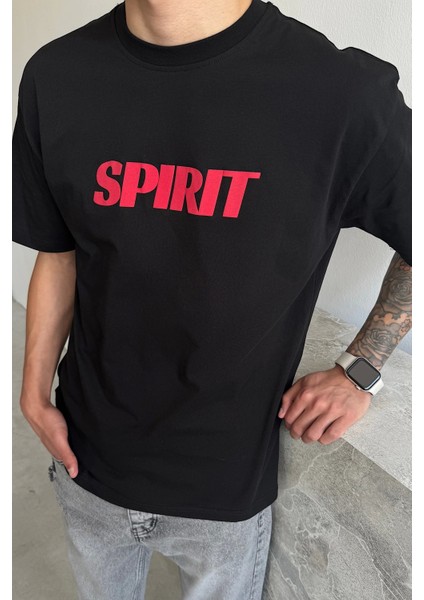 Siyah Spirit Baskılı Oversize T-Shirt