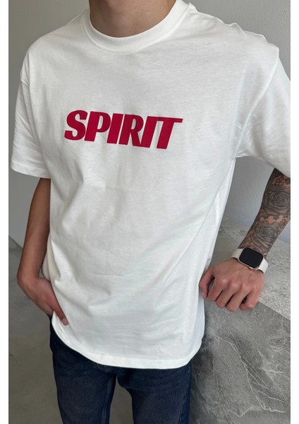 Beyaz Spirit Baskılı Oversize T-Shirt