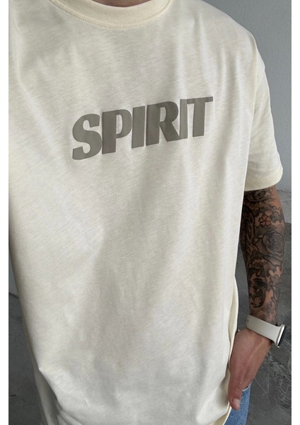 Krem Spirit Baskılı Oversize T-Shirt