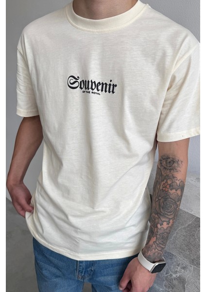 Krem Souvenir Baskılı Oversize T-Shirt