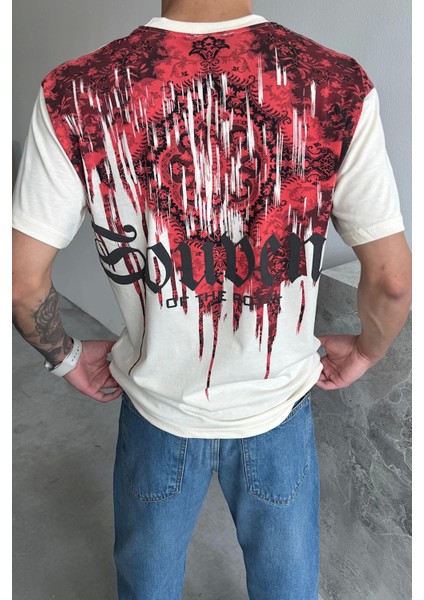 Krem Souvenir Baskılı Oversize T-Shirt modelleri