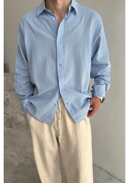Bebe Mavi Oversize Keten Gömlek