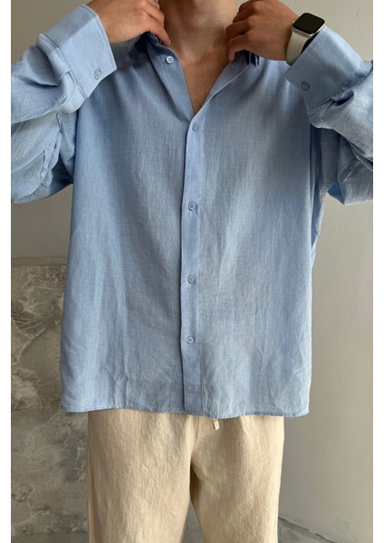 Bebe Mavi Oversize Keten Gömlek
