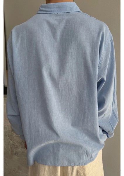 Bebe Mavi Oversize Keten Gömlek