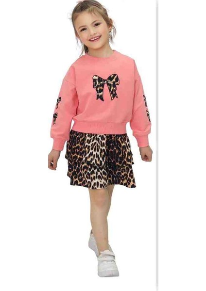 Kız Çocuk Alt Üst Leoparlı Etek Takım