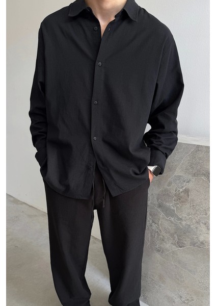 Siyah Oversize Keten Gömlek