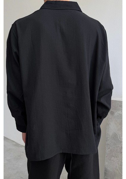 Siyah Oversize Keten Gömlek