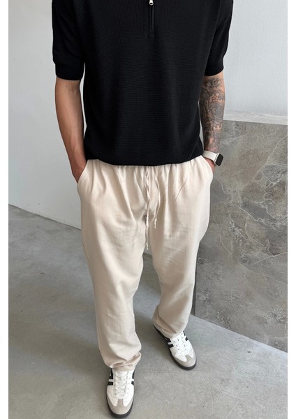 Bej Regular Fit Keten Pantolon