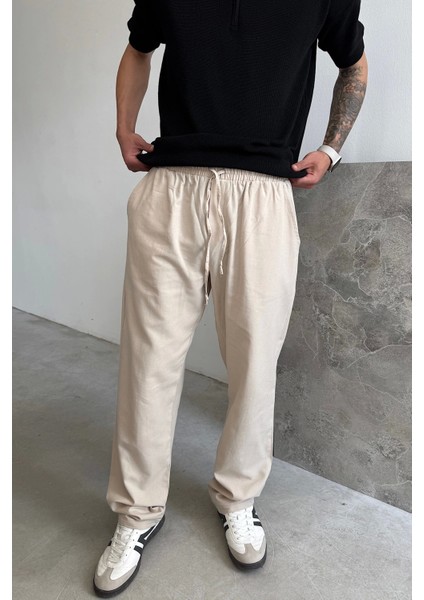 Bej Regular Fit Keten Pantolon