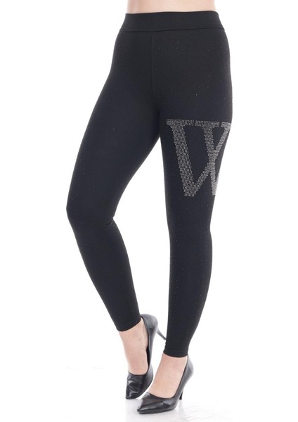 Siyah Önü Beyaz W Taş Işlemeli Tayt