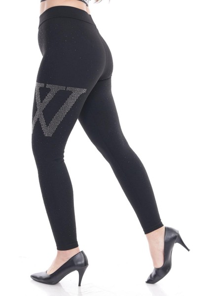 Siyah Önü Beyaz W Taş Işlemeli Tayt fırsatları