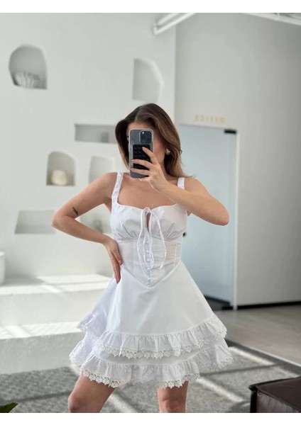 Fırfırlı Askılı Mini Elbise - Beyaz fırsatları