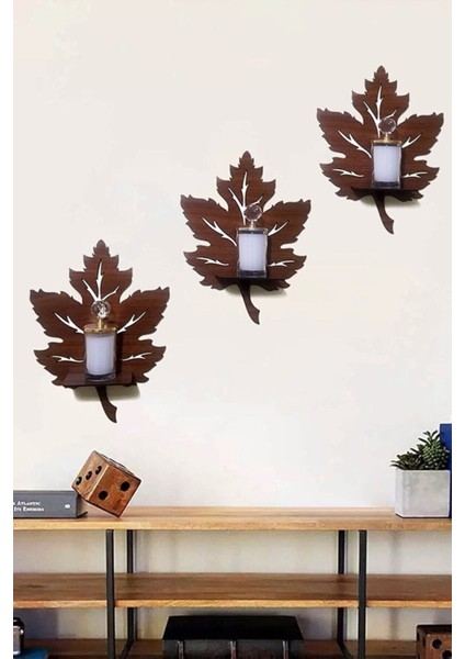 3'lü Ahşap Çınar Yaprağı Duvar Süsü ve Mumluk Seti, Kahverengi, Modern Stil