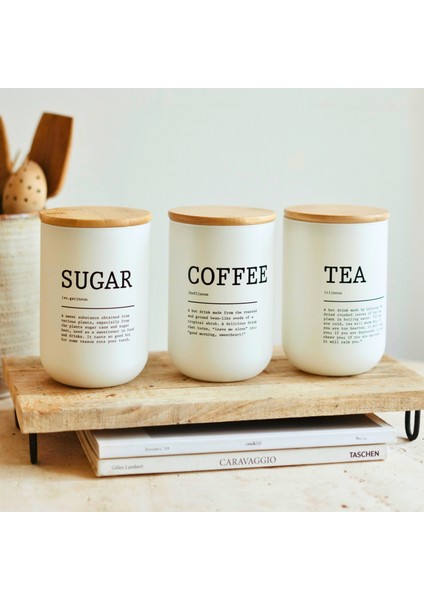 Mutfak 3 Lü Bambu Kapaklı Beyaz Cam Çay Şeker Kahve Saklama Kavanoz Takımı Baharatlık Düzenleme Beyaz 800 ML * 3