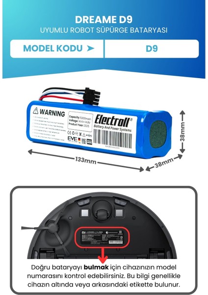 Dreame D9 Uyumlu Batarya (ORJİNAL KAPASİTE) 5200mah Pil Robot Süpürge Bataryası Değişimi