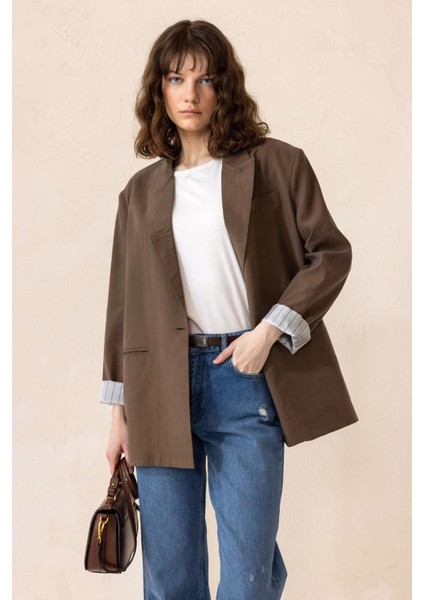 Çizgili Astarlı Modal Spor Ceket Kahve 8258