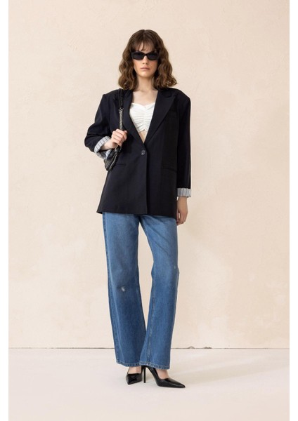 Çizgili Astarlı Modal Spor Ceket Siyah 8258